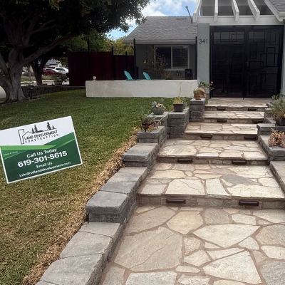 Natural flagstone entry steps with block cheek walls, San Marcos