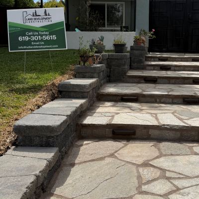 Completed flagstone entry steps with stone cheek walls, San Marcos