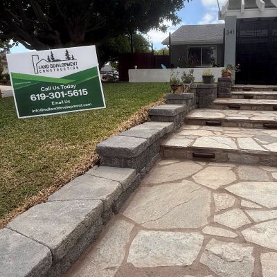 Entry steps with flagstone treads and stone cheek walls, San Marcos