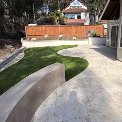 Finished patio, curved retaining wall and artificial turf, Carlsbad