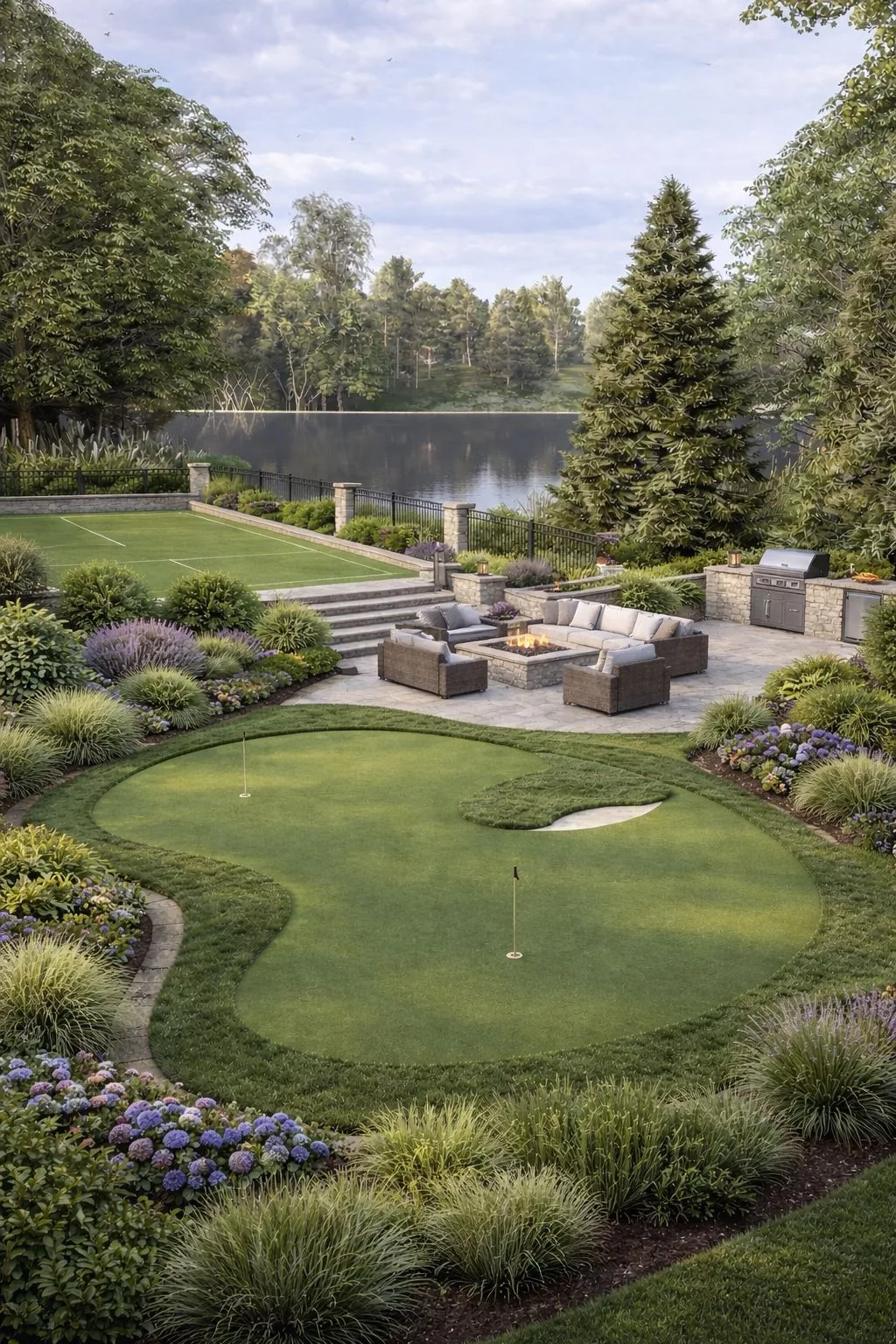Backyard putting green and surrounding landscape