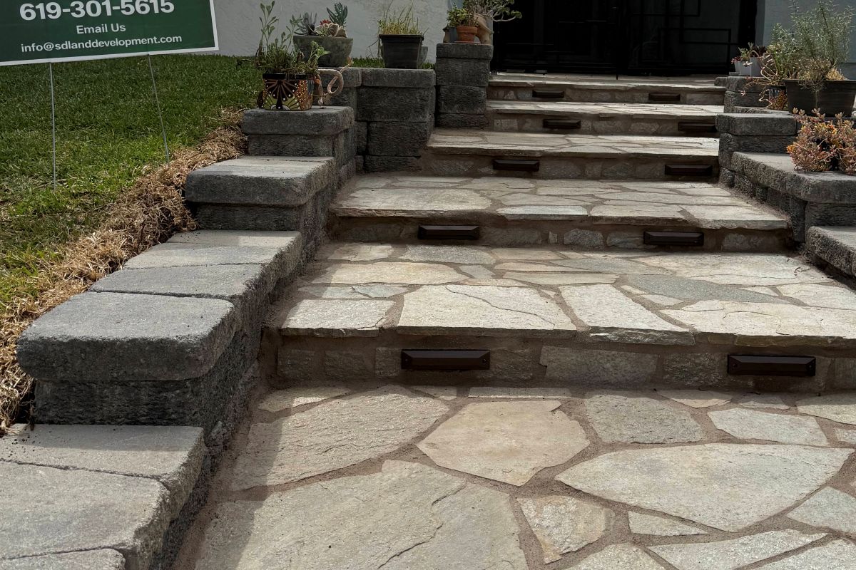 Flagstone entry steps with block cheek walls and a retaining wall, San Marcos